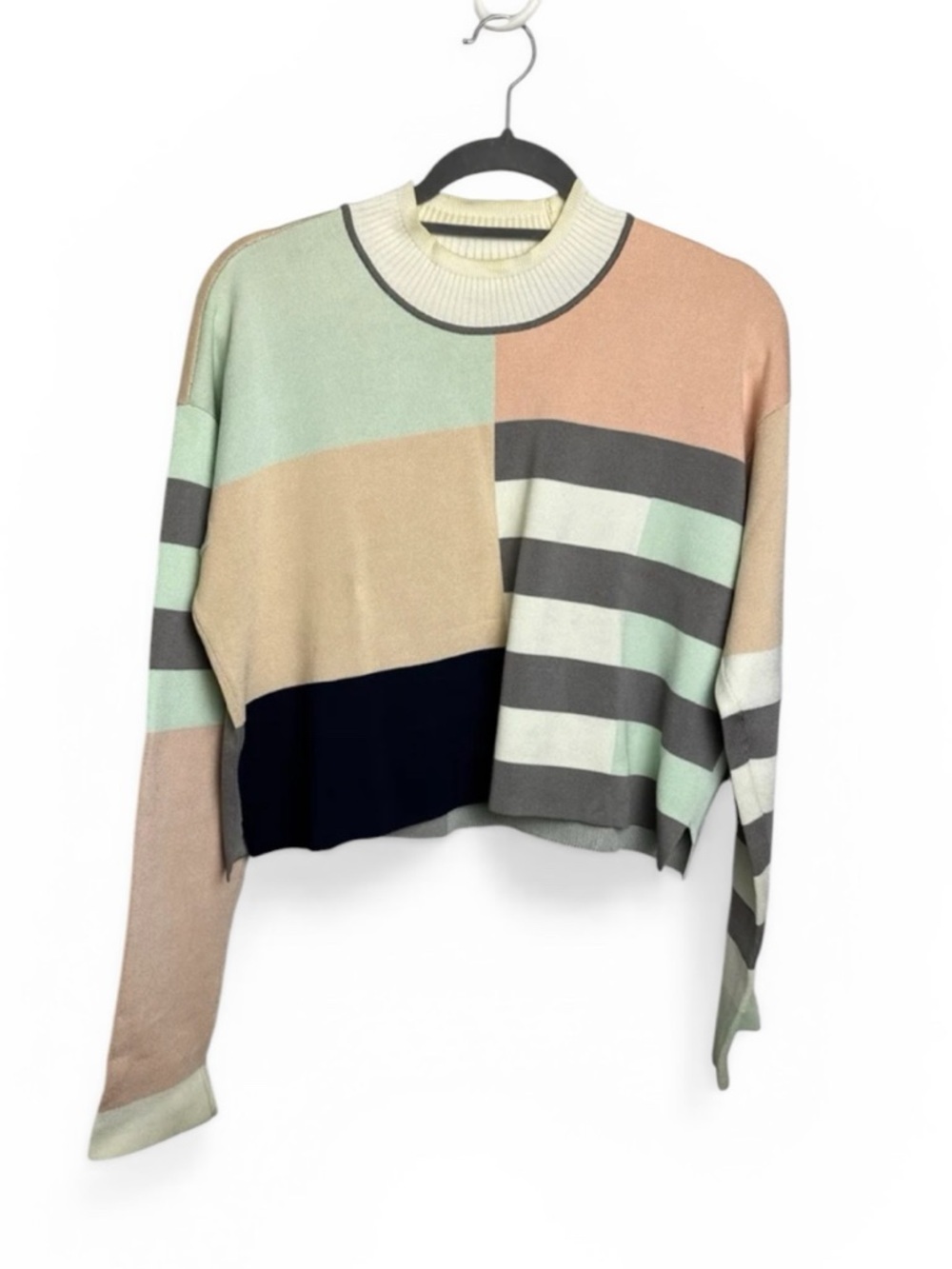 Club Monaco multicolor colorblock preppy mock neck cropped sweater Large viscose